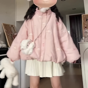 冬季新款可爱小羊刺绣棉服小个子宽松立领甜美加绒棉袄花苞厚外套