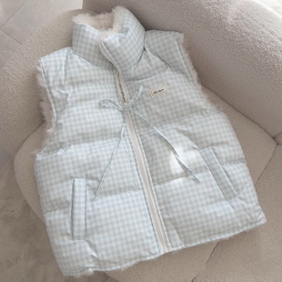 格仔双面穿马甲棉服女冬季加厚保暖宽松毛茸茸棉衣设计感毛绒外套