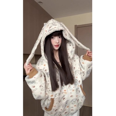 美式复古小狗满印棉服耳朵连帽