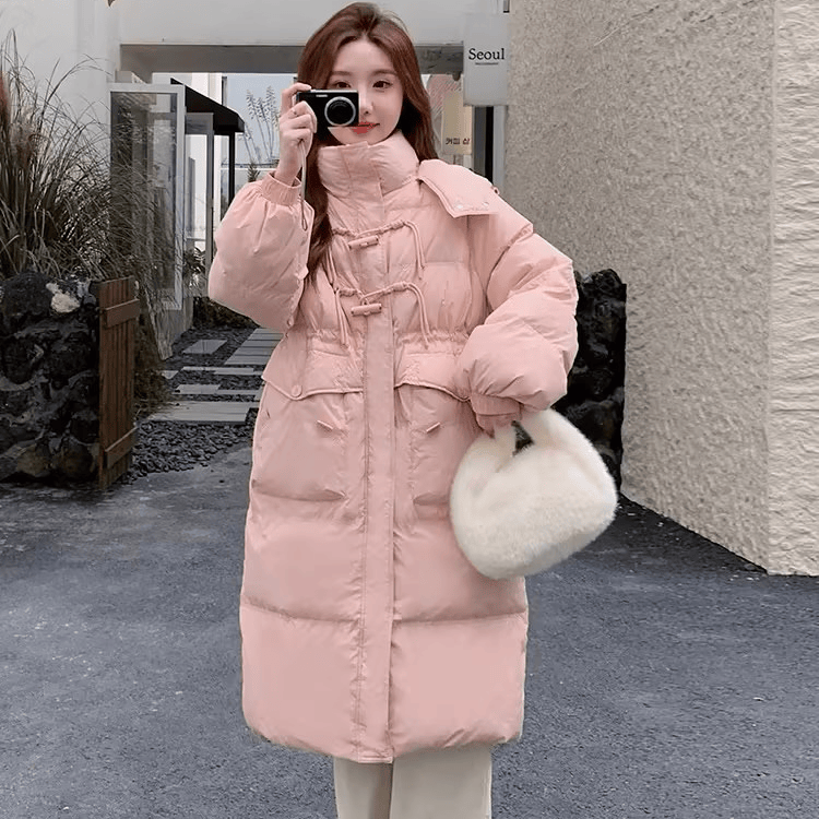 反季新款韩版时尚羽绒服女中长款过膝加厚修身牛角扣收腰外套