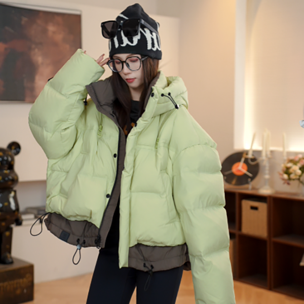 冬季新款白鸭绒连帽气质原创设计感拼接羽绒服外套