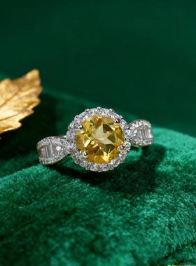 s925银天然黄水晶戒指女款百搭饰品礼物送女友闺蜜生日