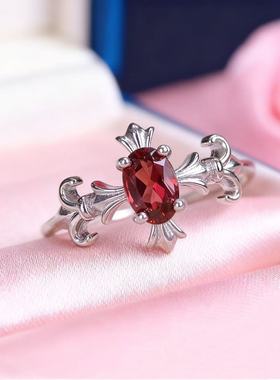 925纯银石榴石戒指鸢尾花轻奢复古时尚百搭女小众设计感时尚指环