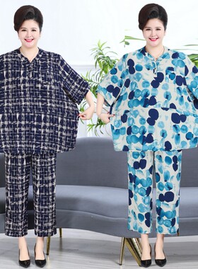 中老年女装两件套宽松棉绸短袖t恤夏装加肥大码200斤奶奶夏季套装