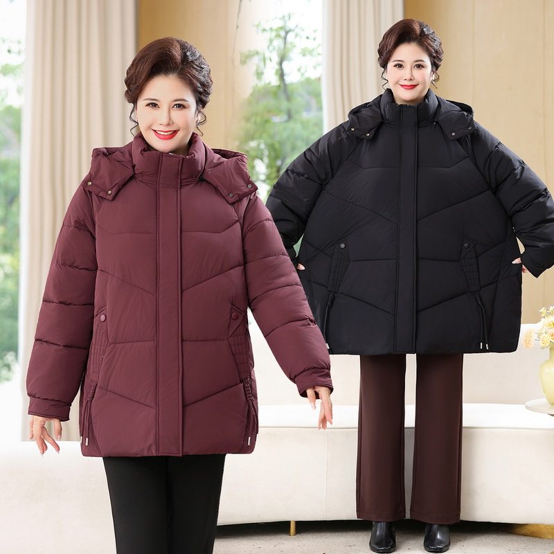 胖妈妈冬装时尚连帽棉衣中长款加厚保暖棉服女中老年加肥大码外套