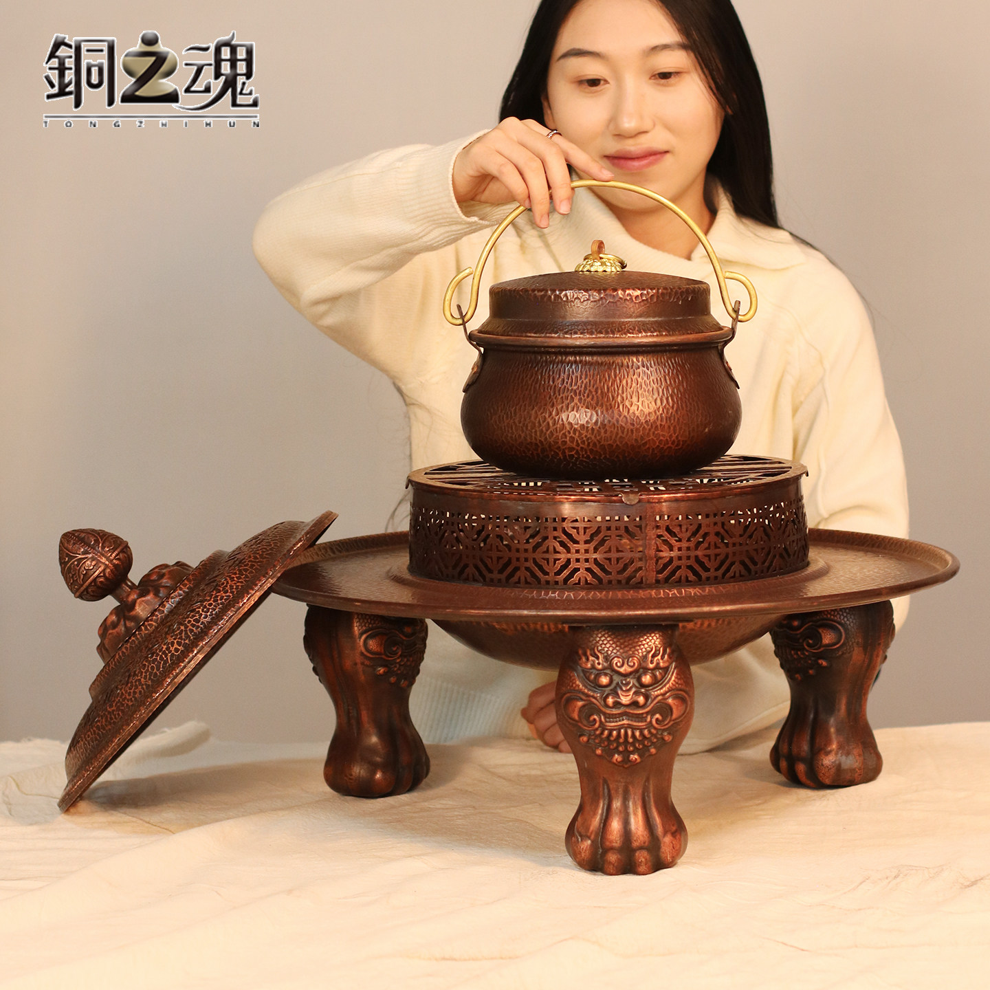 紫铜锤纹镂空火盆复古围炉煮茶家用室内取暖炭火盆庭院铜炉新中式,餐饮具,煮茶炉,淘宝优惠券,粉丝福利购,淘宝优惠卷