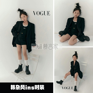 杂志封面高定时装中大童女孩拍照写真套装韩式西服走秀套装三件套