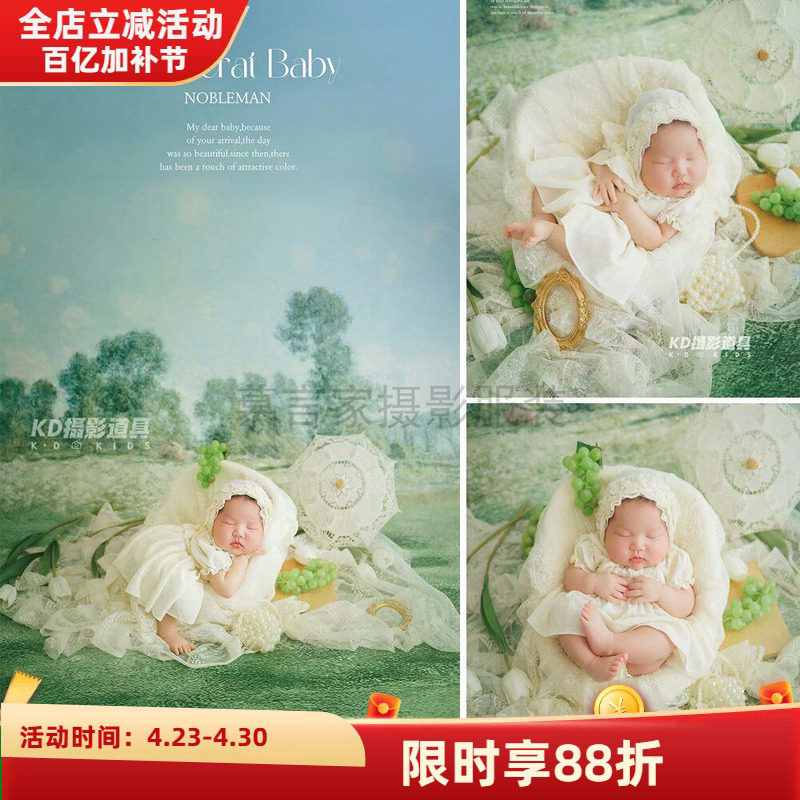 儿童摄影春日森系油画风新生儿满月白色蕾丝纱裙套装复古感艺术照