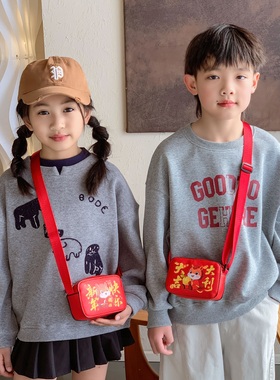 新年儿童斜挎包男女童马年红色拜年挎包可爱小女孩宝宝压岁零钱包