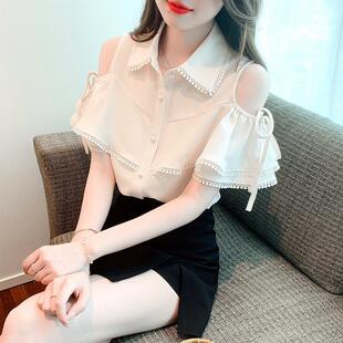 夏季露肩短袖衬衫女夏装2025年新款很仙的上衣超仙设计感女士衬衣