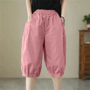 新款 五分哈伦裤 时尚 女高腰阔腿松紧腰韩版 子 宽松显瘦短裤 纯棉夏季