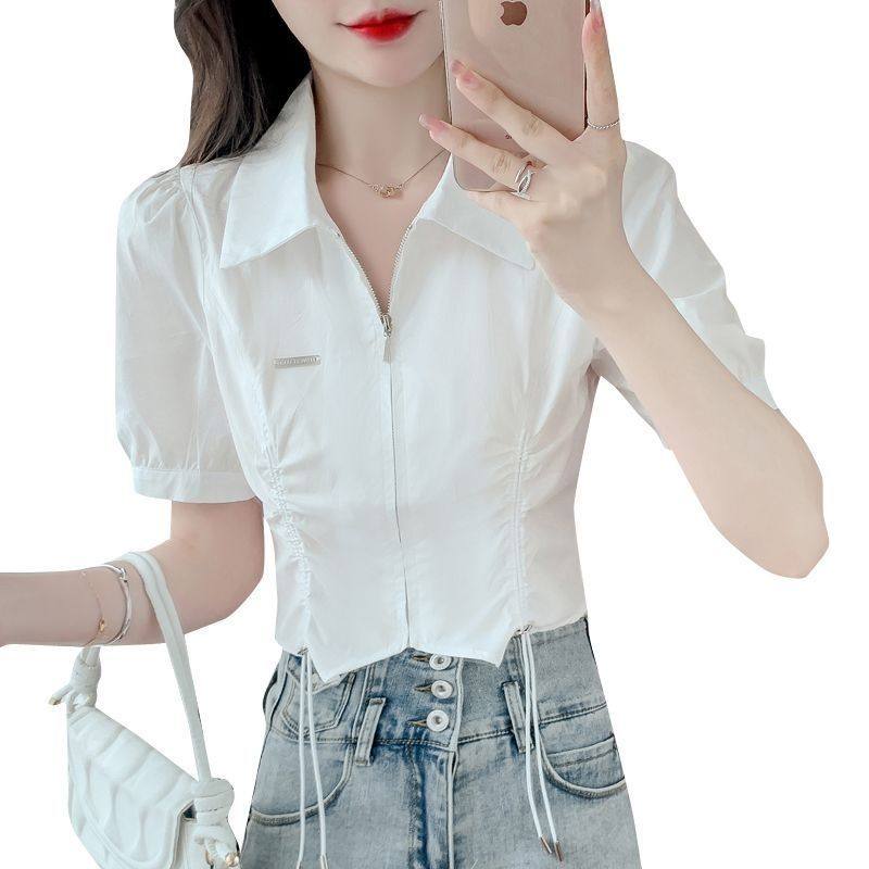 泡泡袖衬衫女夏季2024年新款短款洋气卡腰小衫别致设计感小众上衣