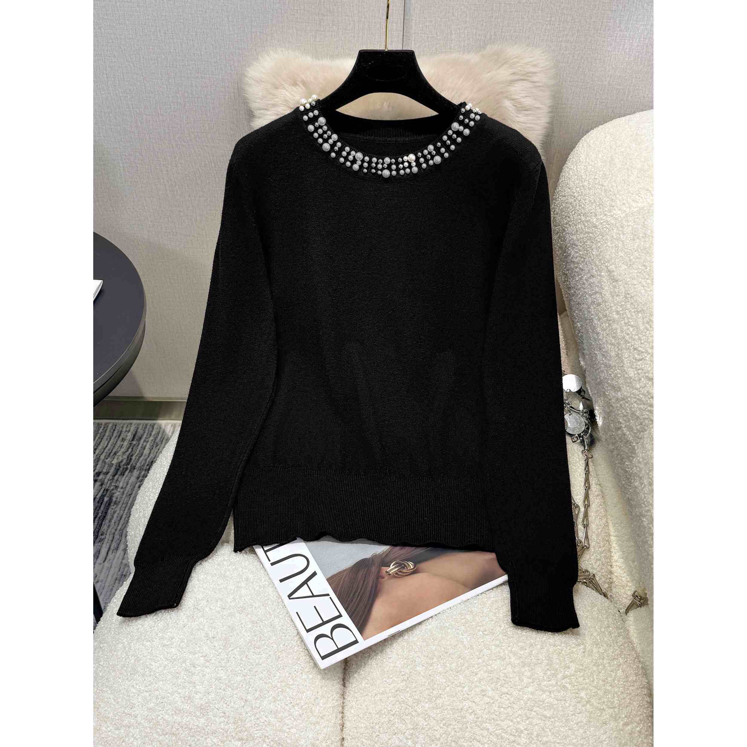 高级感重工钉珠设计感小众针织衫气质休闲宽松百搭毛衣舒适打底衫