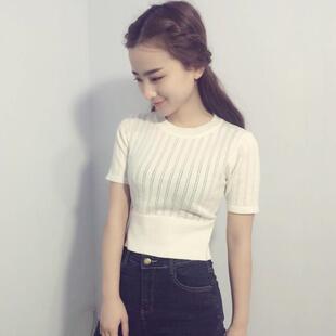 小个子夏天新款针织镂空收腰显瘦短袖短款纯色修身短袖t恤女