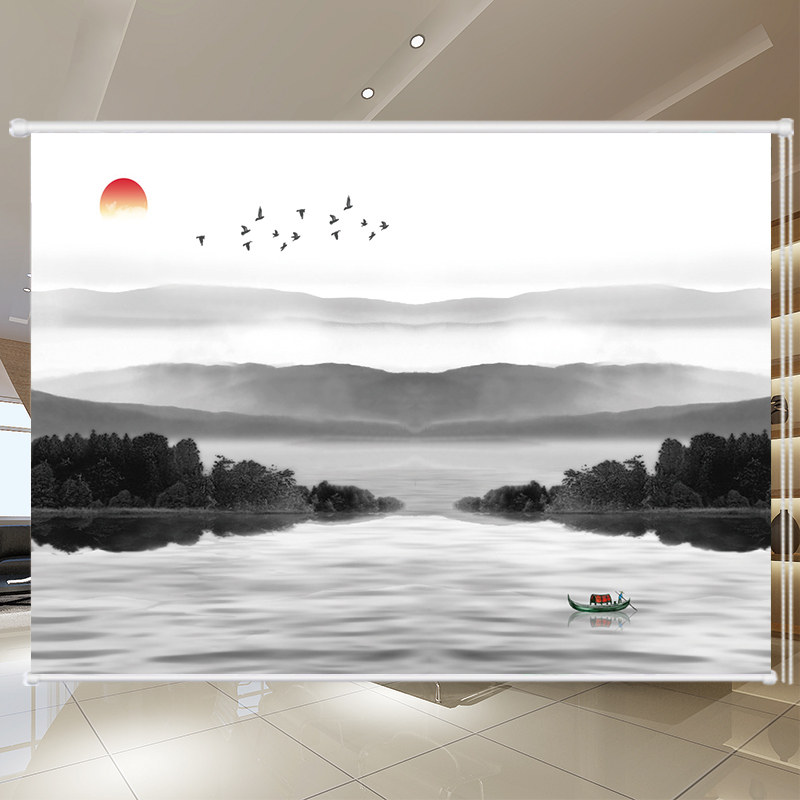 定做办公室山水画遮光窗帘老板房背景水墨挂画会议室手拉卷帘防晒
