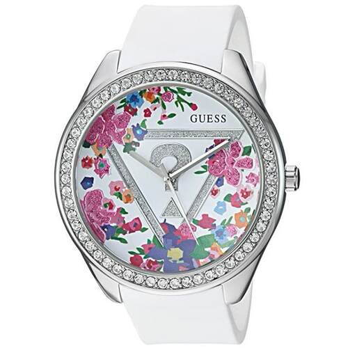 GUESS盖尔斯白色橡胶表带花Design表盘Gem套装女士手表U0904L1