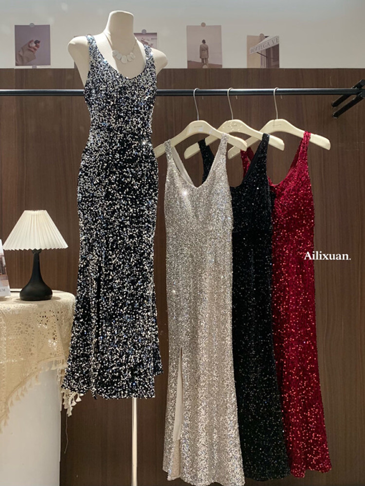 2024新款女装年会晚礼服重工亮片包臀开叉鱼尾长裙冬季内搭连衣裙