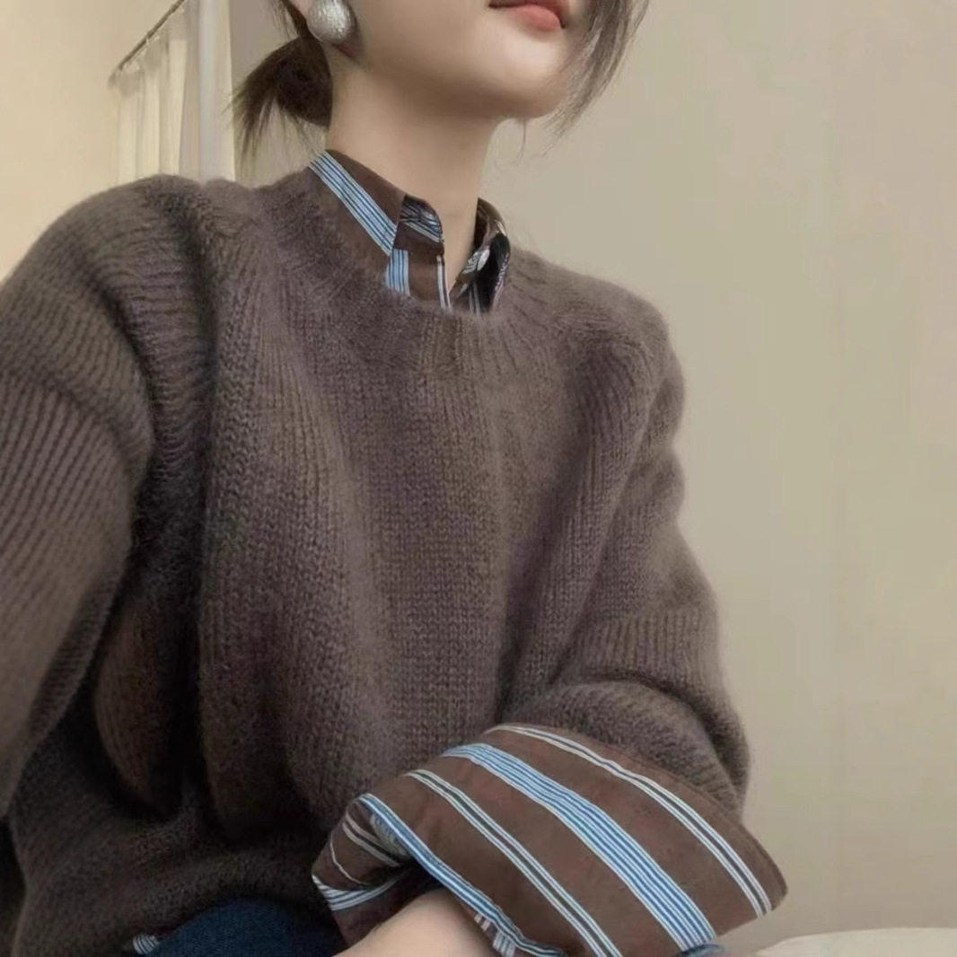 100%纯羊毛衫女加厚美拉德色圆领毛衣女针织套头慵懒风软糯羊绒