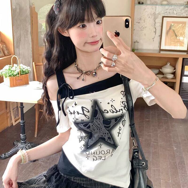 芭比时丽不规则设计感短上衣美式辣妹风星星印花露肩短袖T恤女夏