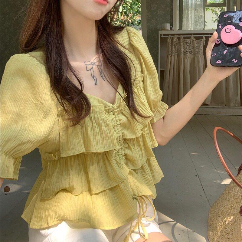 搜搜夏装胖妹妹大码高级感荷叶边抽绳显柔美短袖上衣衬衣M-4XL