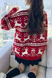 芳婷羊绒百搭红色甜甜圈简约休闲麋鹿新年款圆领