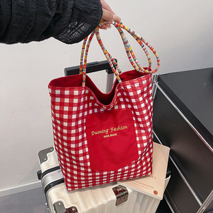 芭比梦龙包格子牛仔帆布包通勤托特包两面可用复古撞色格子手