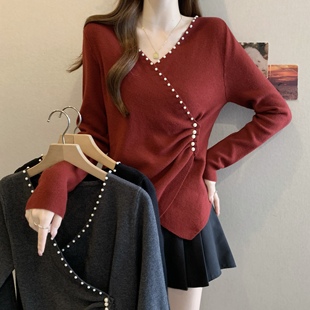 女微胖重工交叉领设计感钉珠长袖 打底衫 毛衣 早春新款 搜搜实拍大码