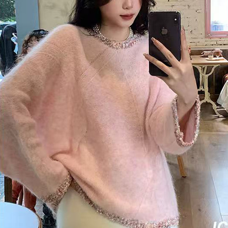 清河萱芳2025秋冬百搭时尚简约圆领拼接针织衫