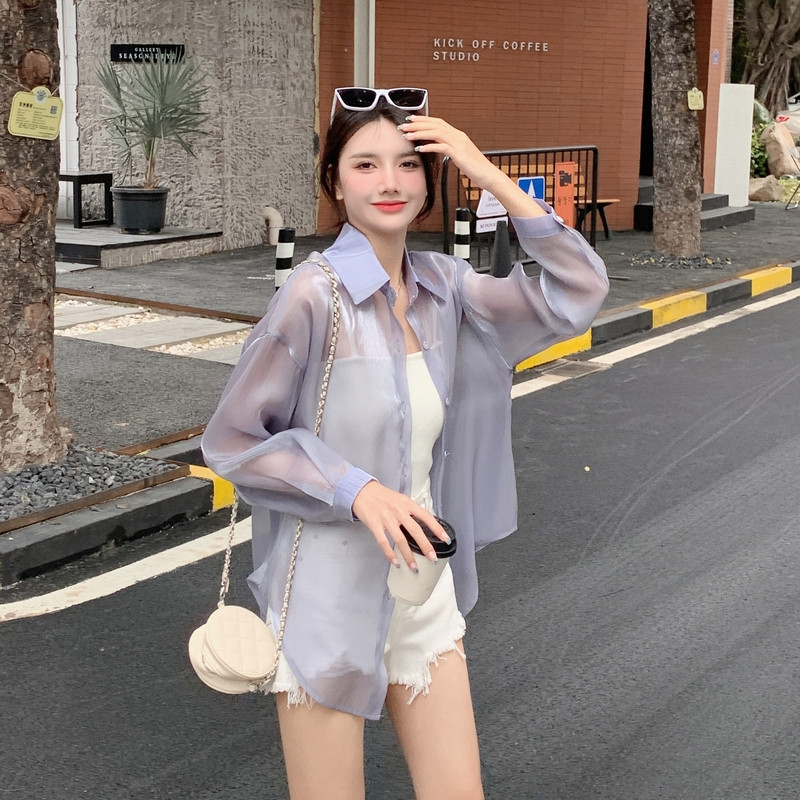 搜搜一新款衬衫防晒衣女洋气夏装亮丝雪纺宽松外搭防紫外线空调衫