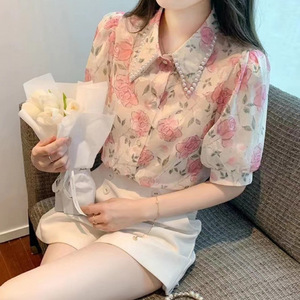 芭比理之盛碎花短袖衬衫女2025夏季设计感小众衬衣钉珠上衣