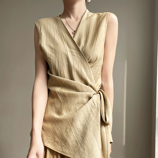 清河夏新款短袖交叉V领女上衣气质半袖时尚外搭系绳洋气百搭无袖