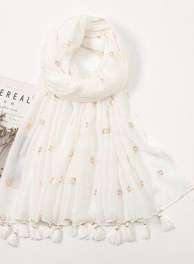 芭比嘉闻春夏四季薄款棉麻围巾文艺清新甜美小碎花挂须流苏披肩