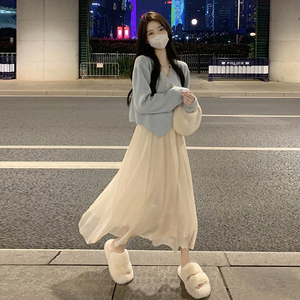 搜搜温柔奶系穿搭茶歇法式连衣裙子两件套装绝美长裙春装女新款