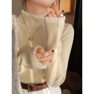 搜搜黄色蕾丝半高领打底衫女内搭2025秋冬新款高级感毛衣外穿针织