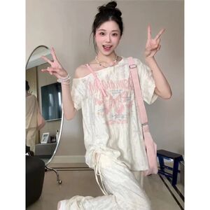 芭比凯源夏季纯欲风露肩印花抽绳短袖T恤女新款宽松时尚印花别致