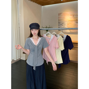 搜搜2026夏装新款胖mm大码女时尚拼接蕾丝花边v领披肩短袖T恤上衣