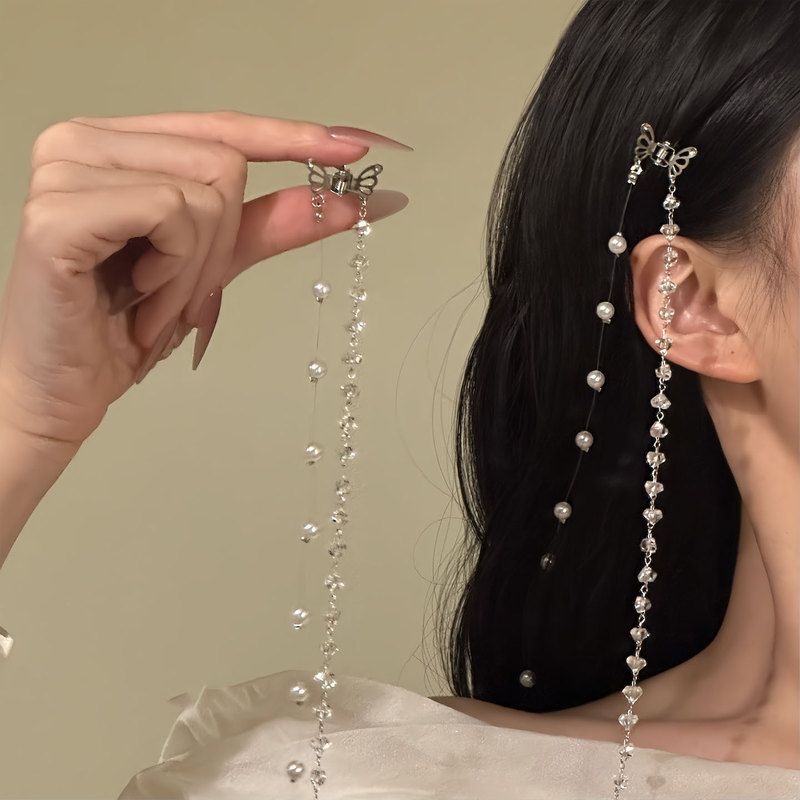 芭比简序镂空蝴蝶玻璃珍珠长流苏发夹超仙气质轻奢高级感抓夹小众
