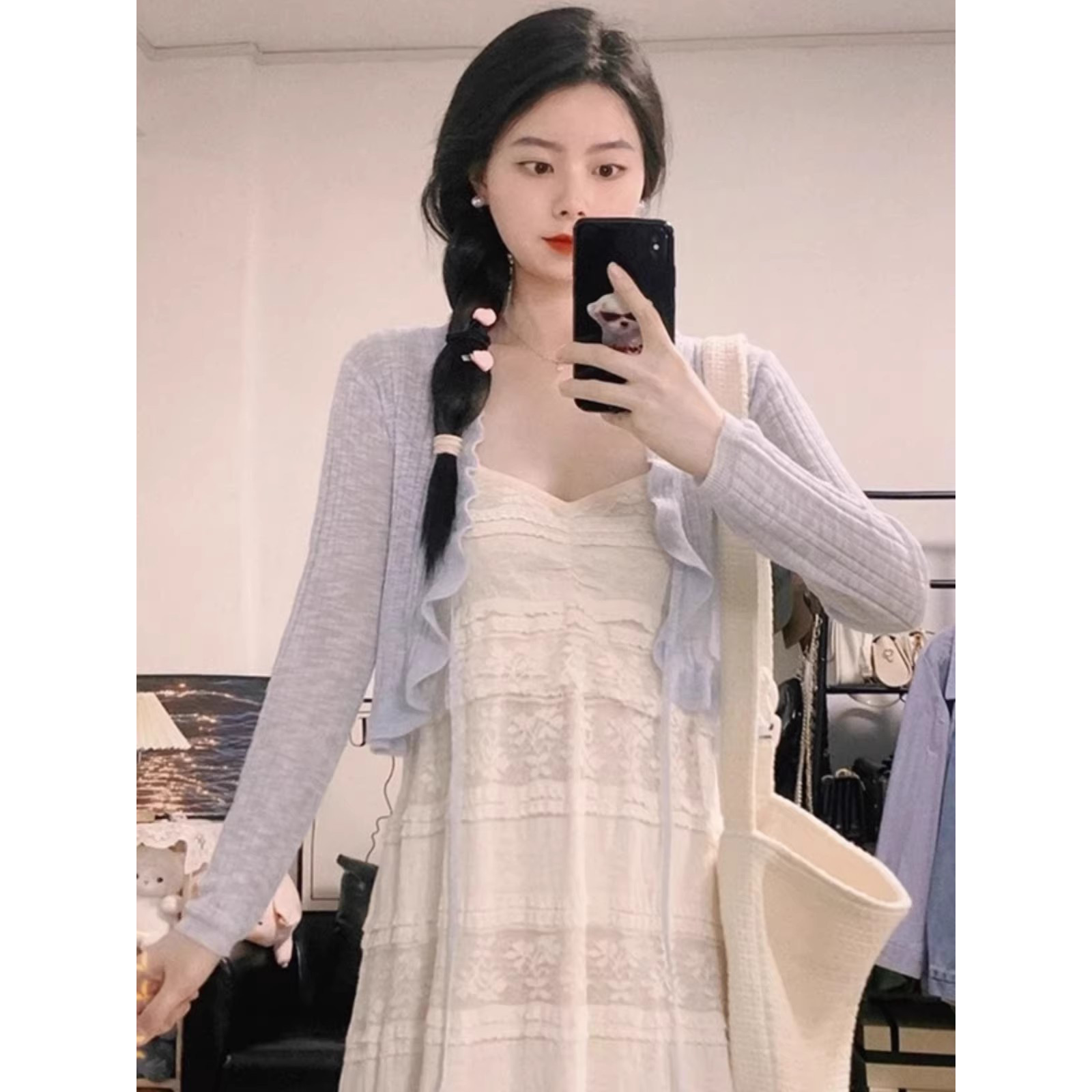 搜搜蓝色冰丝防晒开衫女薄款针织小外套披肩夏季吊带连衣裙子外搭