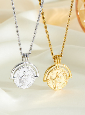 芭比月贝时尚欧美复古气质人头像罗马金币吊坠项链女钛钢