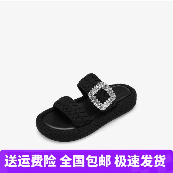 商场同款女鞋Yana2026新款时尚高级感黑色编织厚底一字拖鞋外穿