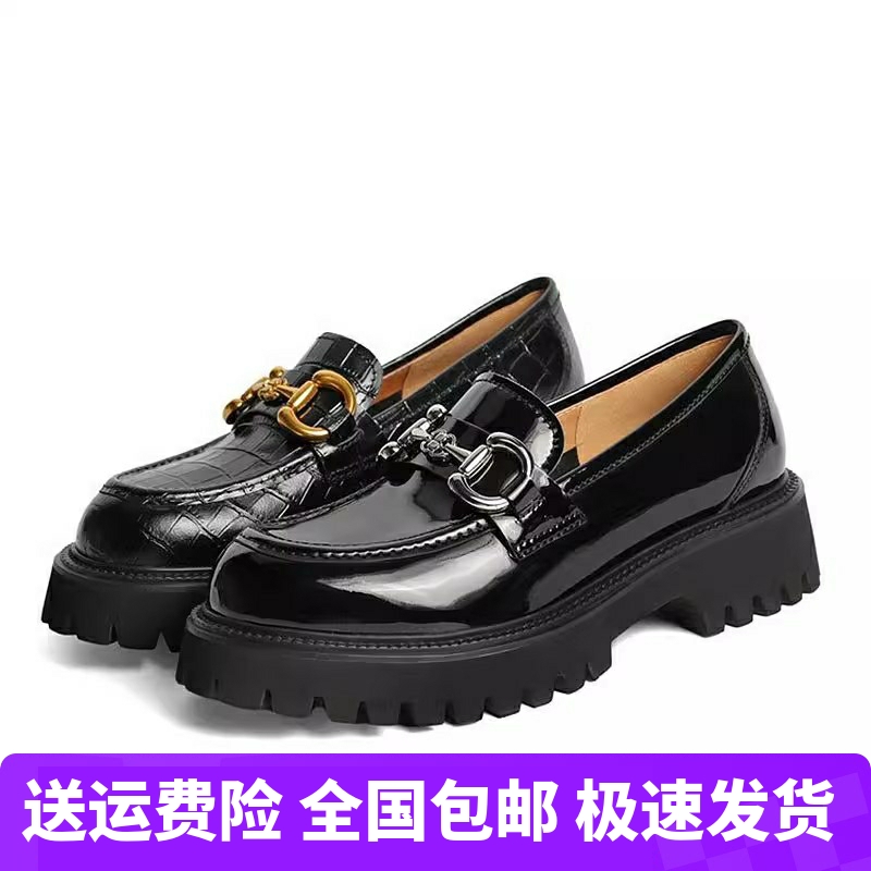 2023秋新款复古乐福鞋圆头粗跟厚底压花女JK鞋一脚蹬女单鞋3HHB4