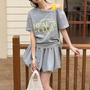 韩风字母印花运动套装女夏季松弛感短袖T恤短裤裙两件套休闲