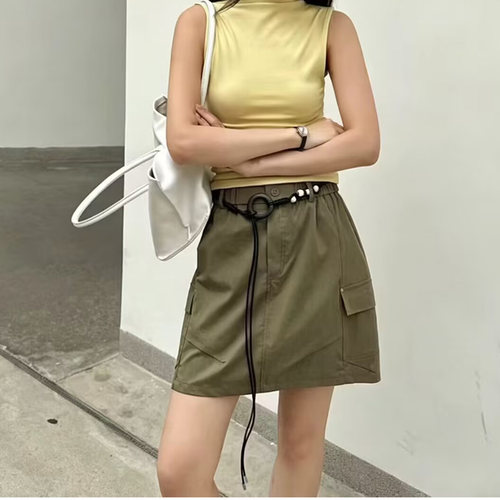 广州十三行~防走光A字半身裙子女夏季薄款抽绳休闲工装包臀短裙