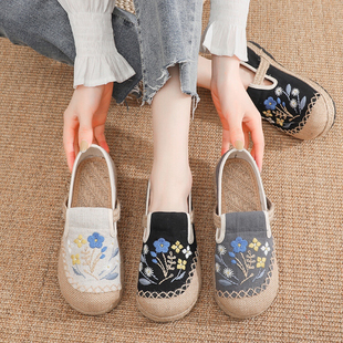 春夏新款绣花老北京布鞋女款透气亚麻民族风单鞋低帮渔夫学生女鞋