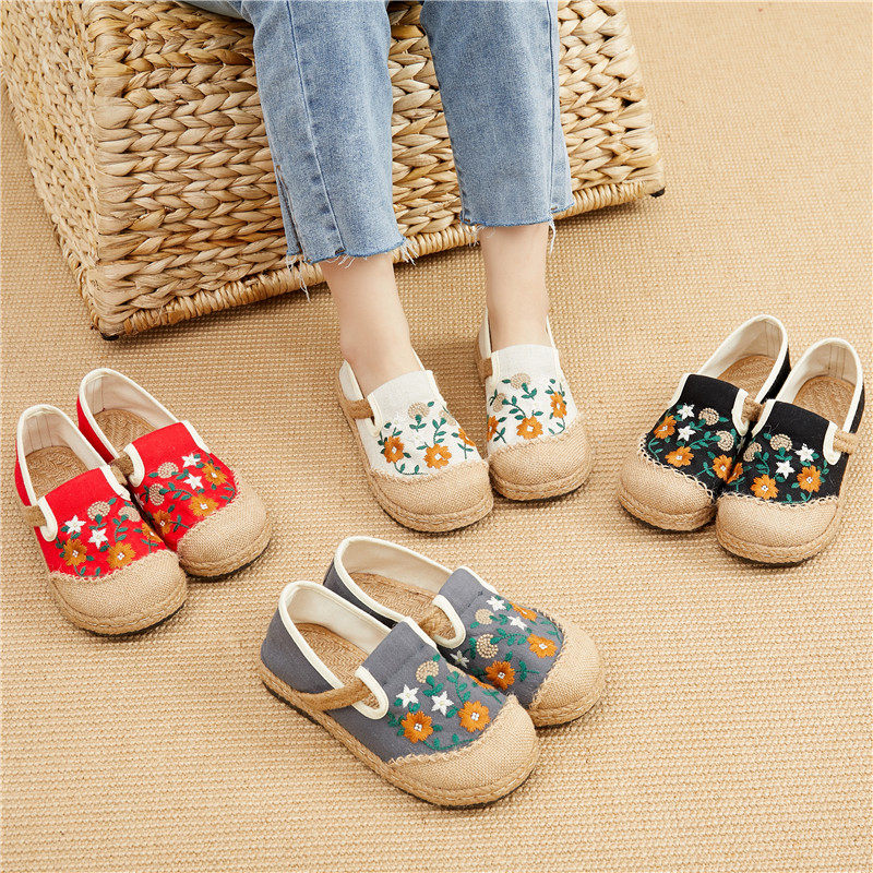 新款亚麻一脚蹬懒人老北京布鞋女款透气学生百搭民族风绣花低帮单