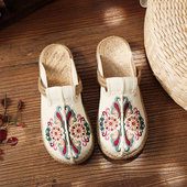 绣花软底北京女布鞋 夏季 亚麻草编民族风拖鞋 复古学生百搭包头渔夫