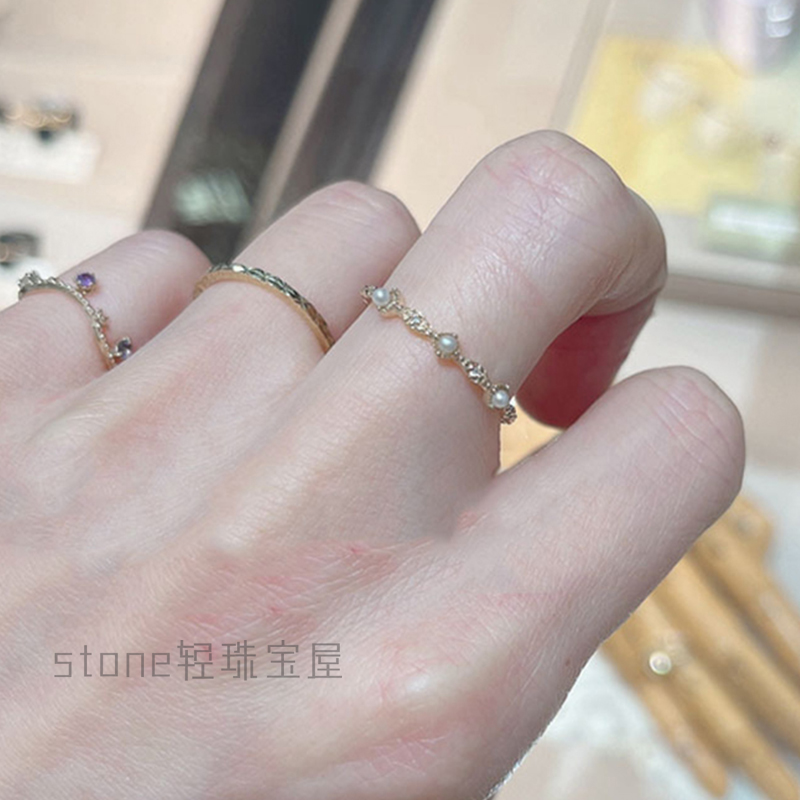 日系菱形花边锆石s925银指环女春天天然淡水珍珠戒指
