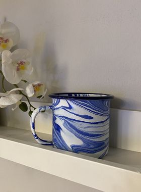 韩国ins克莱因蓝珐琅搪瓷杯网红咖啡杯马克杯礼品大理石纹泼墨杯