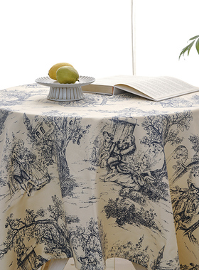 法式田园餐布复古韩系ins风桌布野餐垫蓝色印花美食拍摄道具