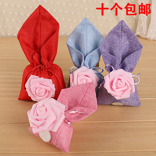 个性玫瑰花喜糖袋 欧式创意结婚喜糖盒子糖果袋麻布马蹄莲礼品包